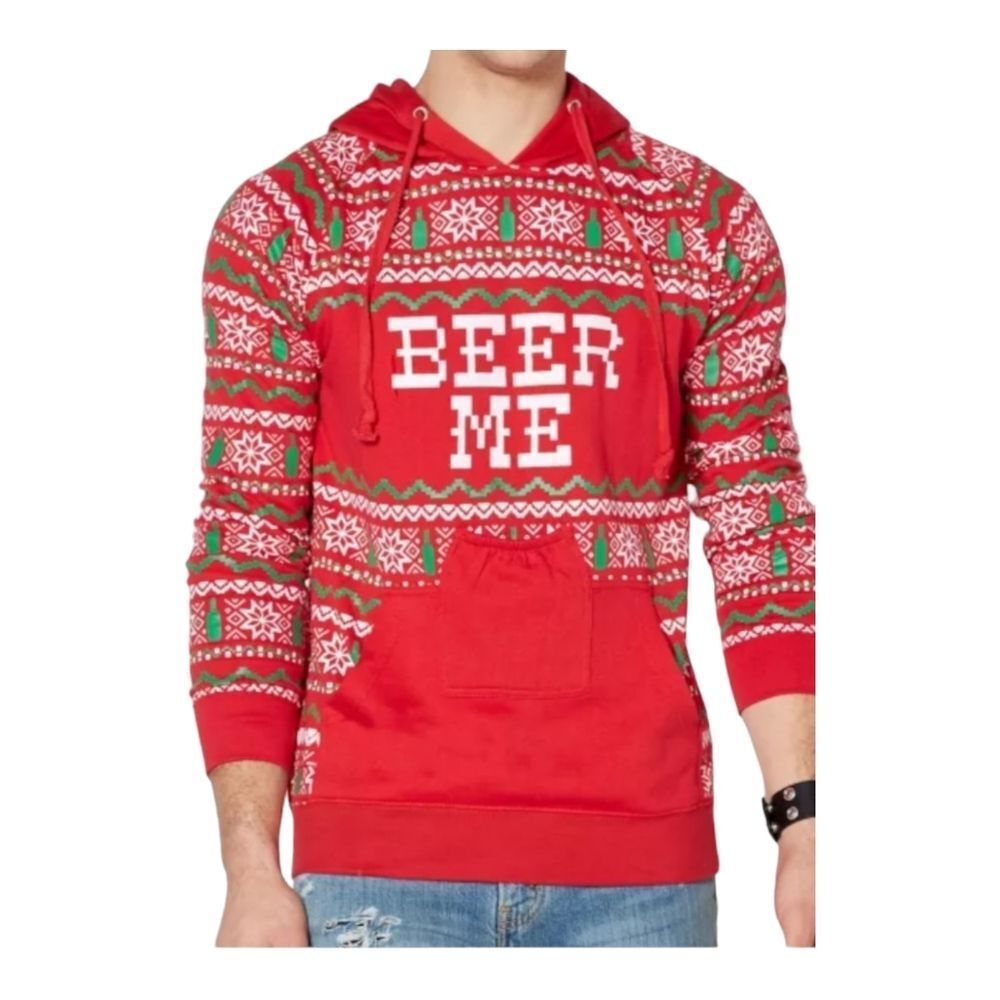 Spencers Beer Me Ugly Christmas Hoodie Unisex Medium Cotton Blend Red Green